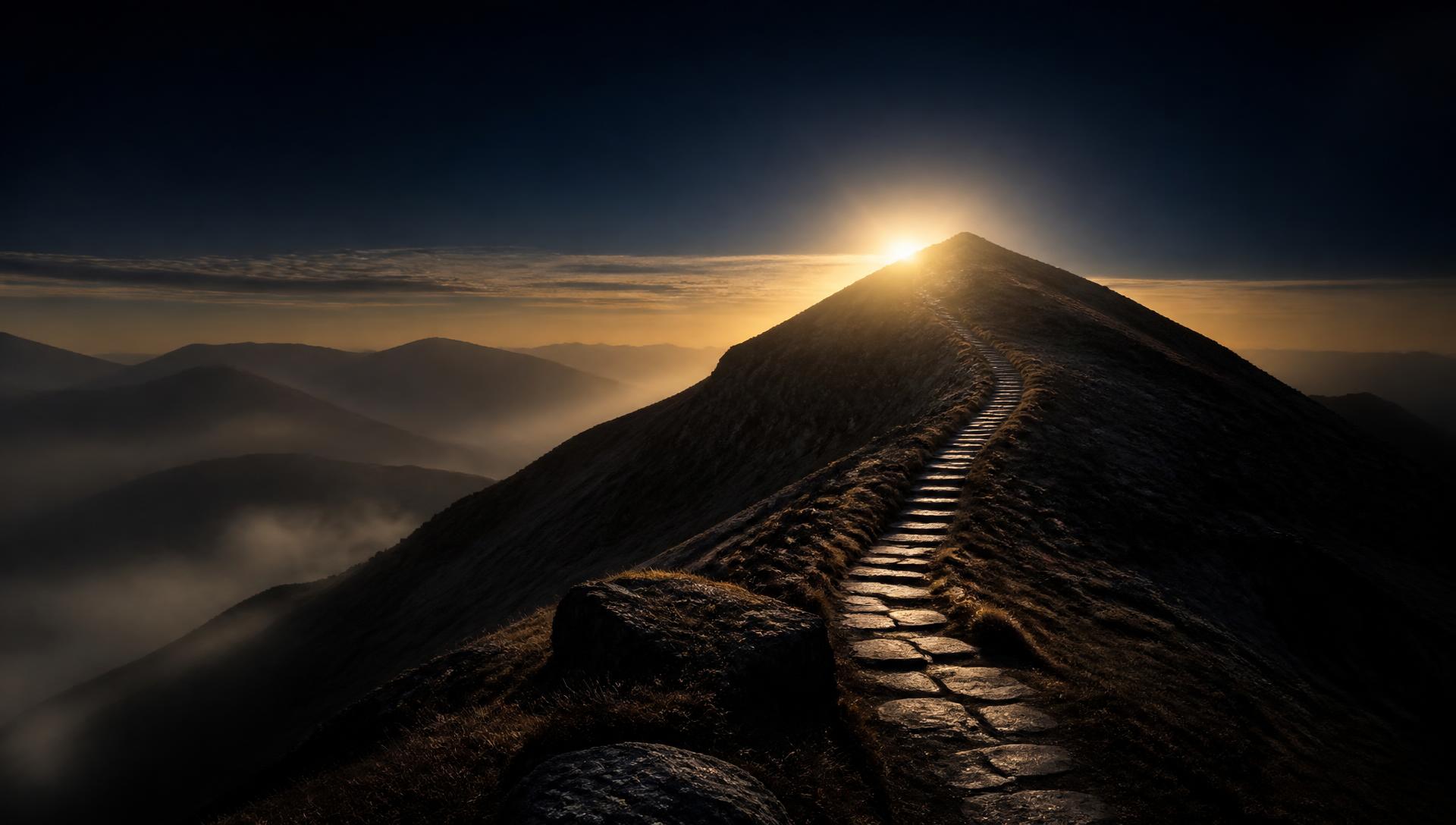 Caminho de pedras subindo uma montanha ao amanhecer