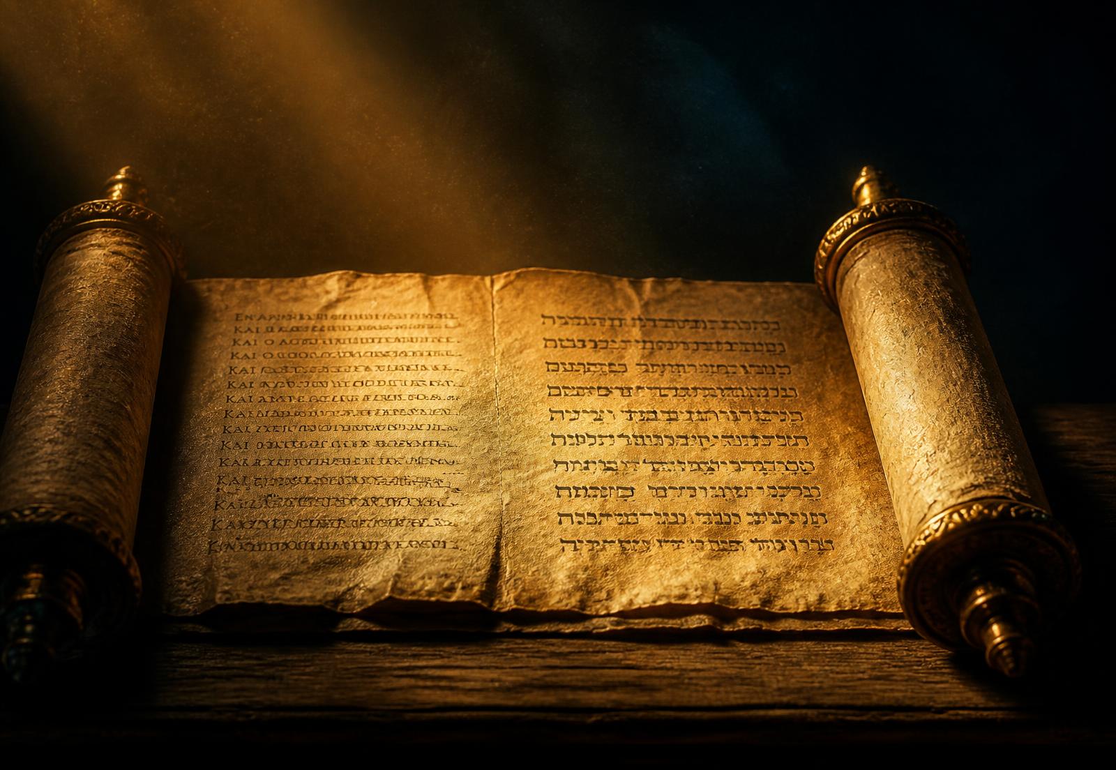 Manuscrito antigo aberto sob um feixe de luz dourada